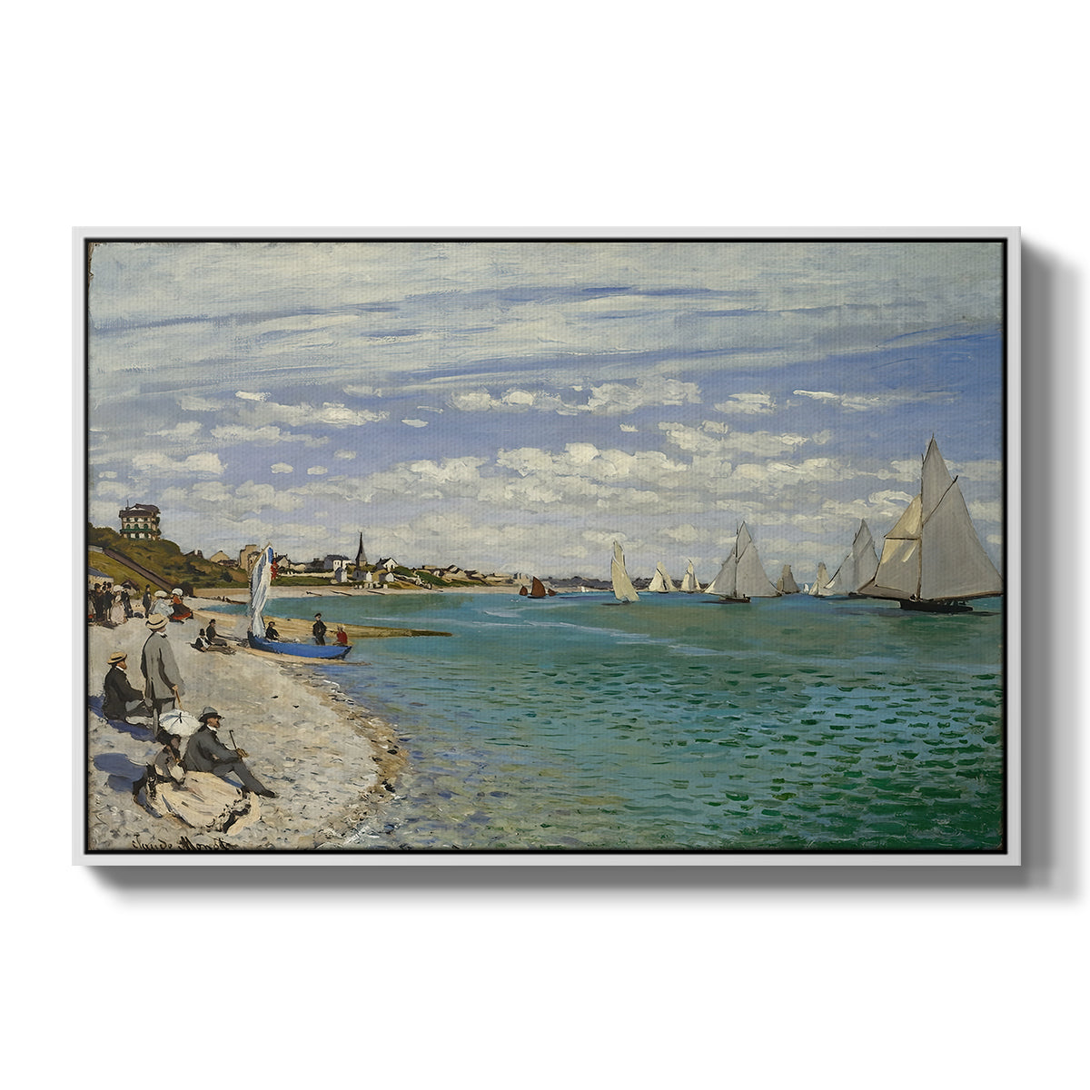 Regatta at Sainte-Adresse, 1867 by Claude Monet in a white floater framed canvas wall art display.