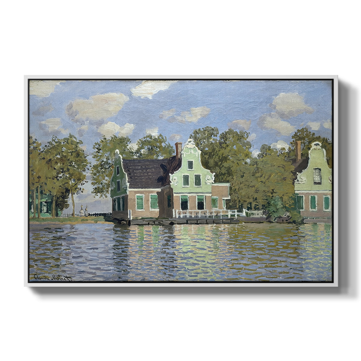 Houses on the Zaan River at Zaandam, 1871 by Claude Monet in a white floater framed canvas wall art display.