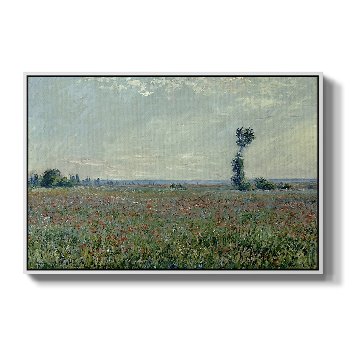 Poppy Field, 1881 by Claude Monet in a white floater framed canvas wall art display.