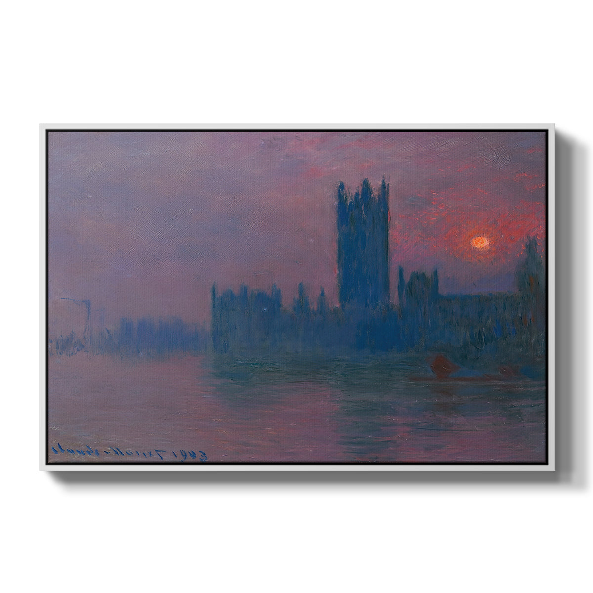 The Houses of Parliament, Sunset, 1903 by Claude Monet in a white floater framed canvas wall art display.
