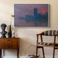 The Houses of Parliament, Sunset, 1903 by Claude Monet as a white floater framed canvas featuring an atmospheric London scene with buildings fading into haze, styled above a mid-century console in a contemporary living area.