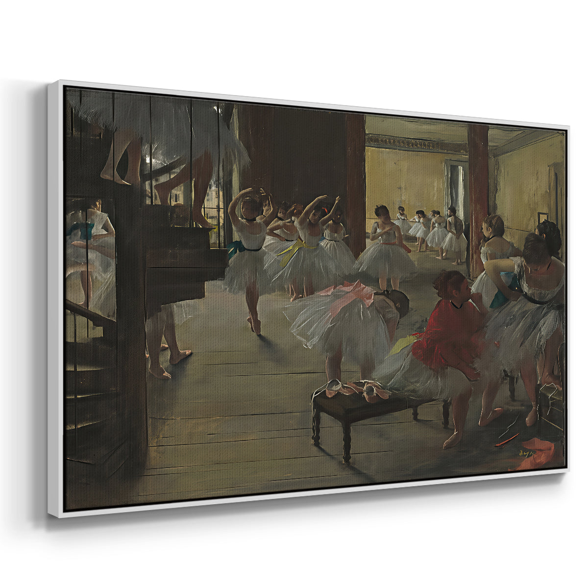 Angled view of The Dance Class, c. 1873 by Edgar Degas in a white floater framed canvas.