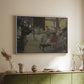 White floater framed canvas of The Dance Class, c. 1873 by Edgar Degas, featuring a rehearsal scene with dancers stretching and posing indoors above a sideboard in a softly lit hallway.