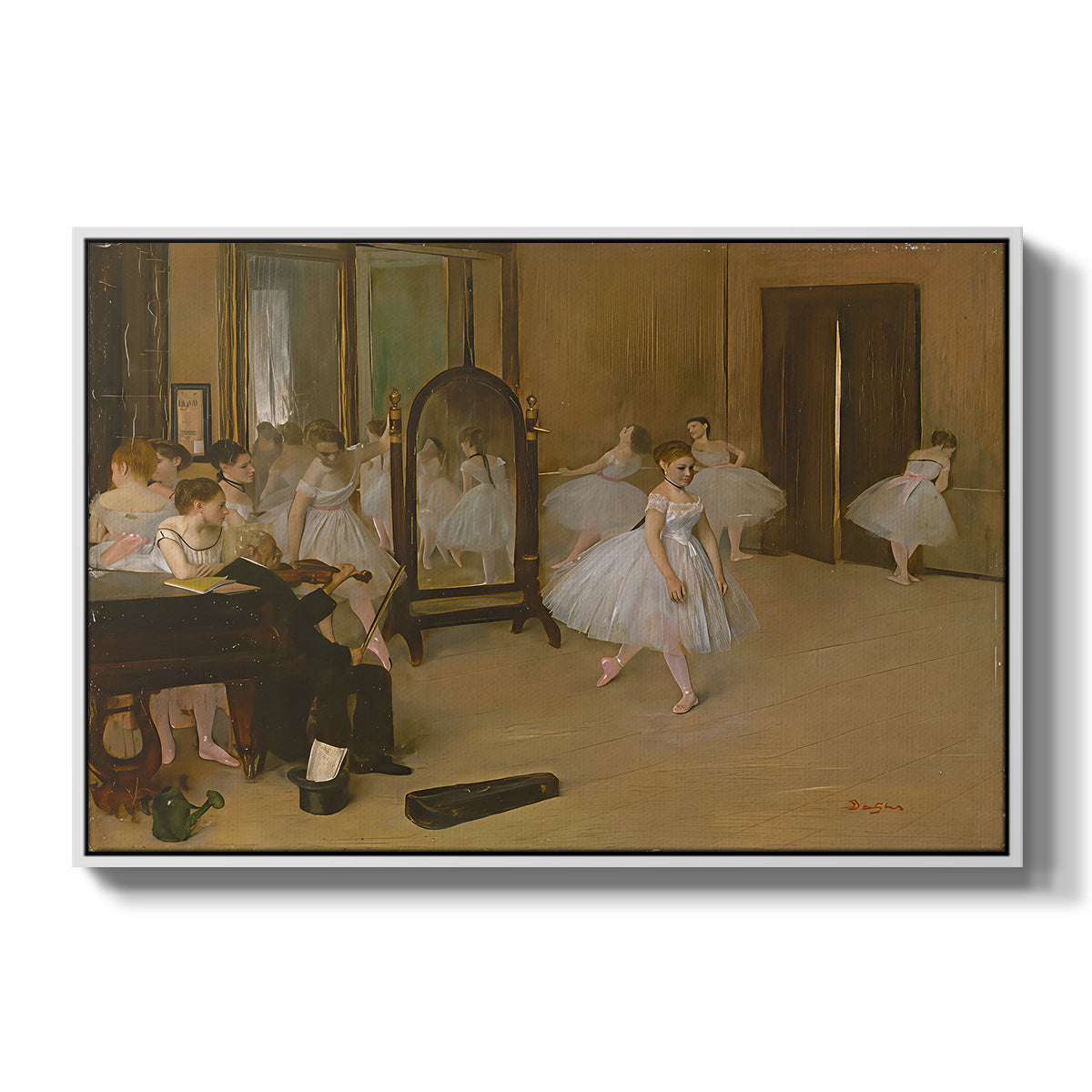 The Dancing Class, c. 1870 by Edgar Degas in a white floater framed canvas wall art display.