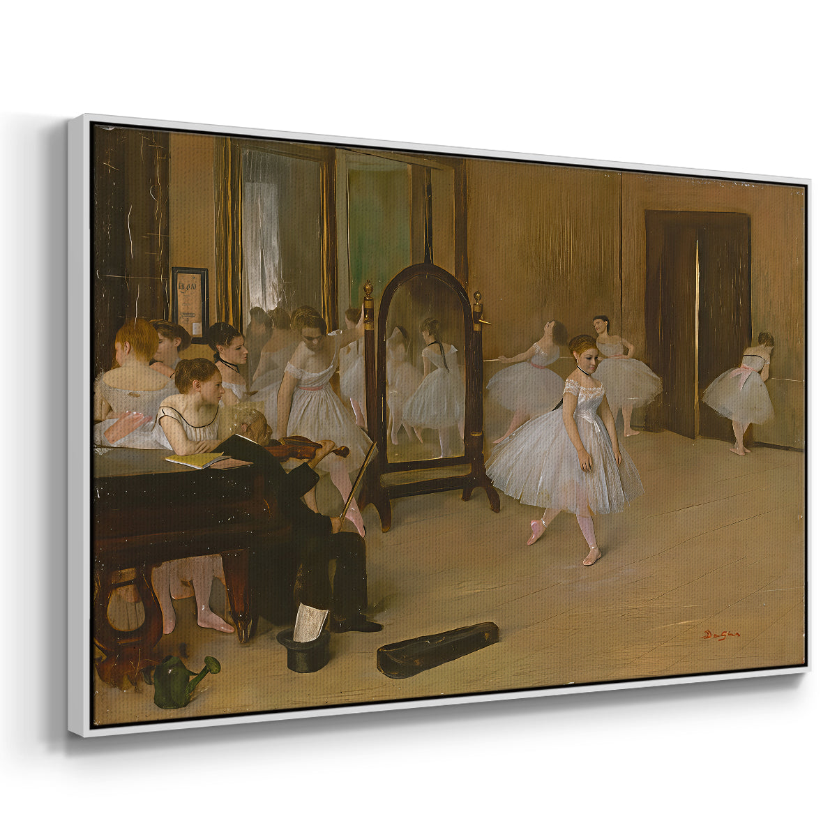 Angled view of The Dancing Class, c. 1870 by Edgar Degas in a white floater framed canvas.
