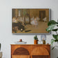 The Dancing Class, c. 1870 by Edgar Degas in a white floater framed canvas featuring a ballet class with dancers practicing positions under instructor guidance, displayed above a wood console cabinet.