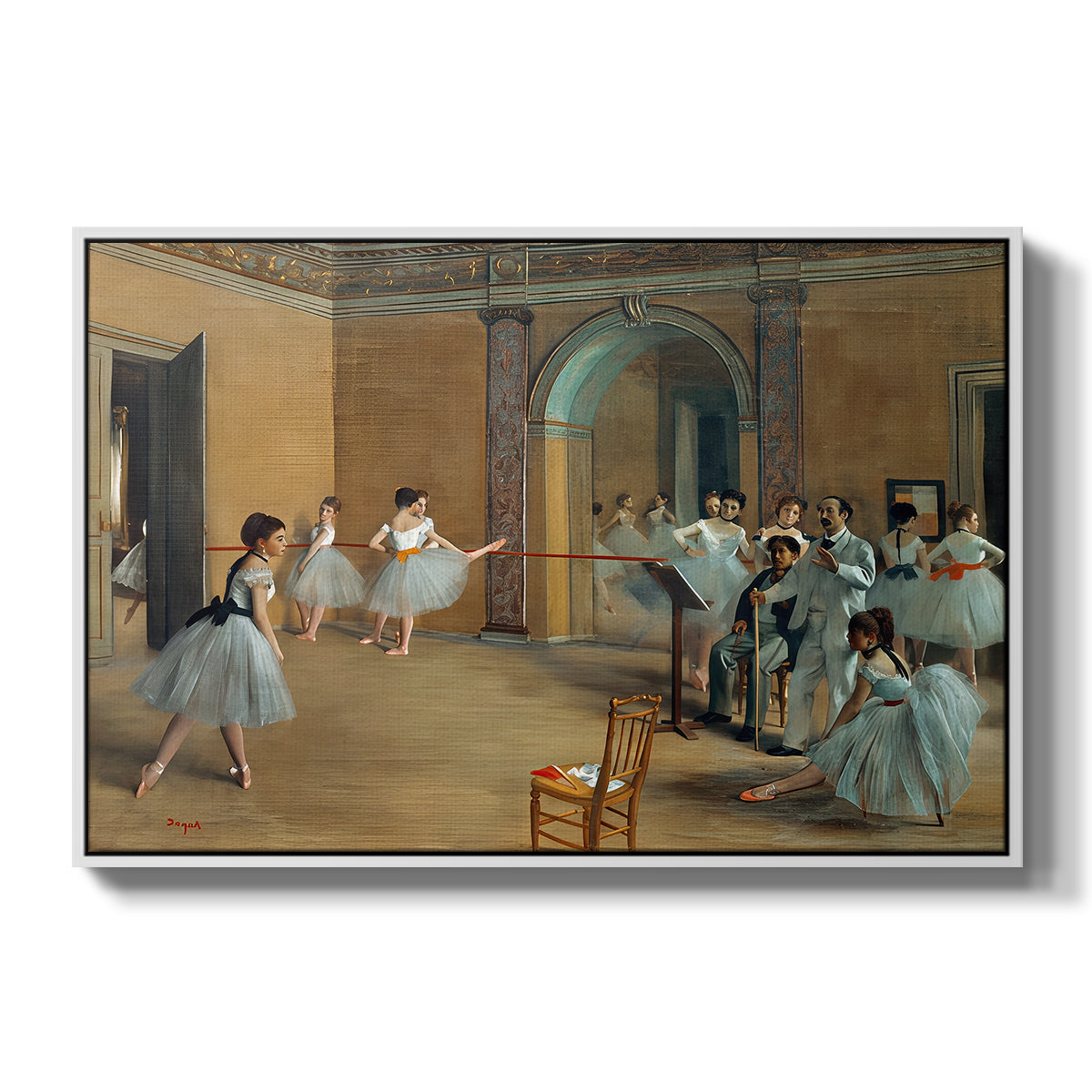 The Dance Foyer at the Opera on the Rue Le Peletier, 1872 by Edgar Degas in a white floater framed canvas wall art display.