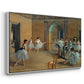 Angled view of The Dance Foyer at the Opera on the Rue Le Peletier, 1872 by Edgar Degas in a white floater framed canvas.