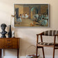 The Dance Foyer at the Opera on the Rue Le Peletier, 1872 by Edgar Degas as a white floater framed canvas featuring an impressionist depiction of ballet foyer with multiple figures, styled above a mid-century console in a contemporary living area.