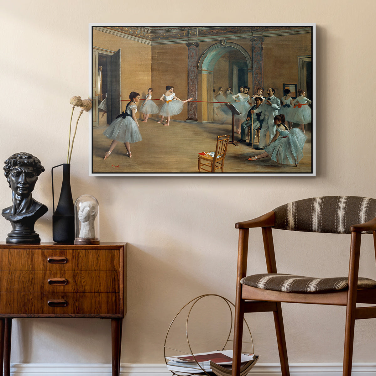 The Dance Foyer at the Opera on the Rue Le Peletier, 1872 by Edgar Degas as a white floater framed canvas featuring an impressionist depiction of ballet foyer with multiple figures, styled above a mid-century console in a contemporary living area.