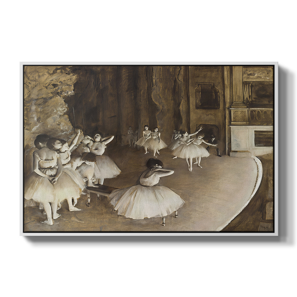 The Rehearsal of the Ballet Onstage, 1874 by Edgar Degas in a white floater framed canvas wall art display.