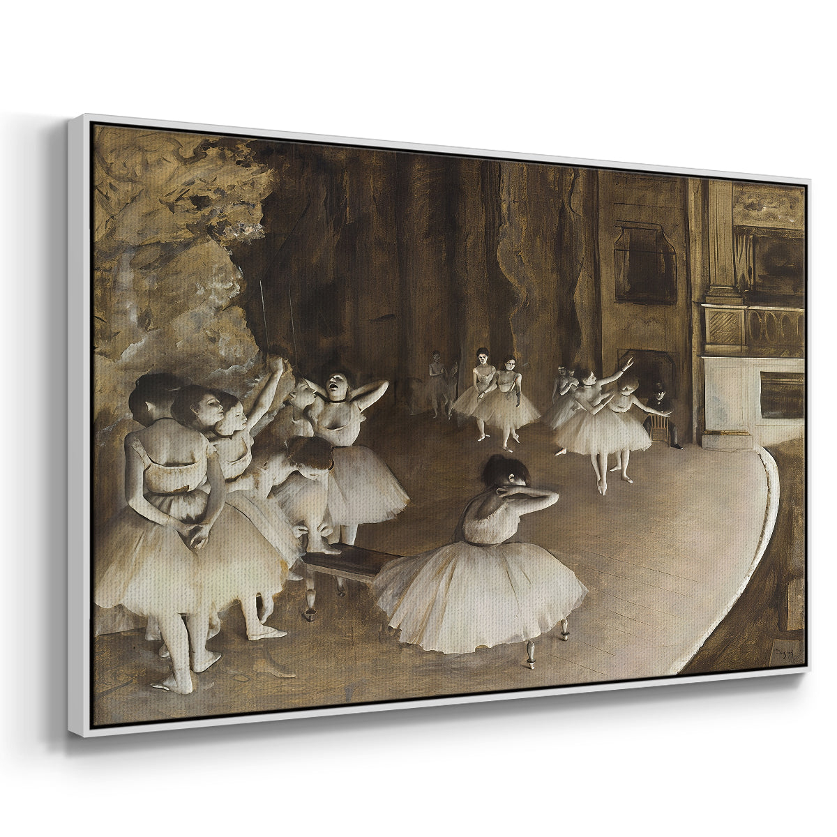 Angled view of The Rehearsal of the Ballet Onstage, 1874 by Edgar Degas in a white floater framed canvas.
