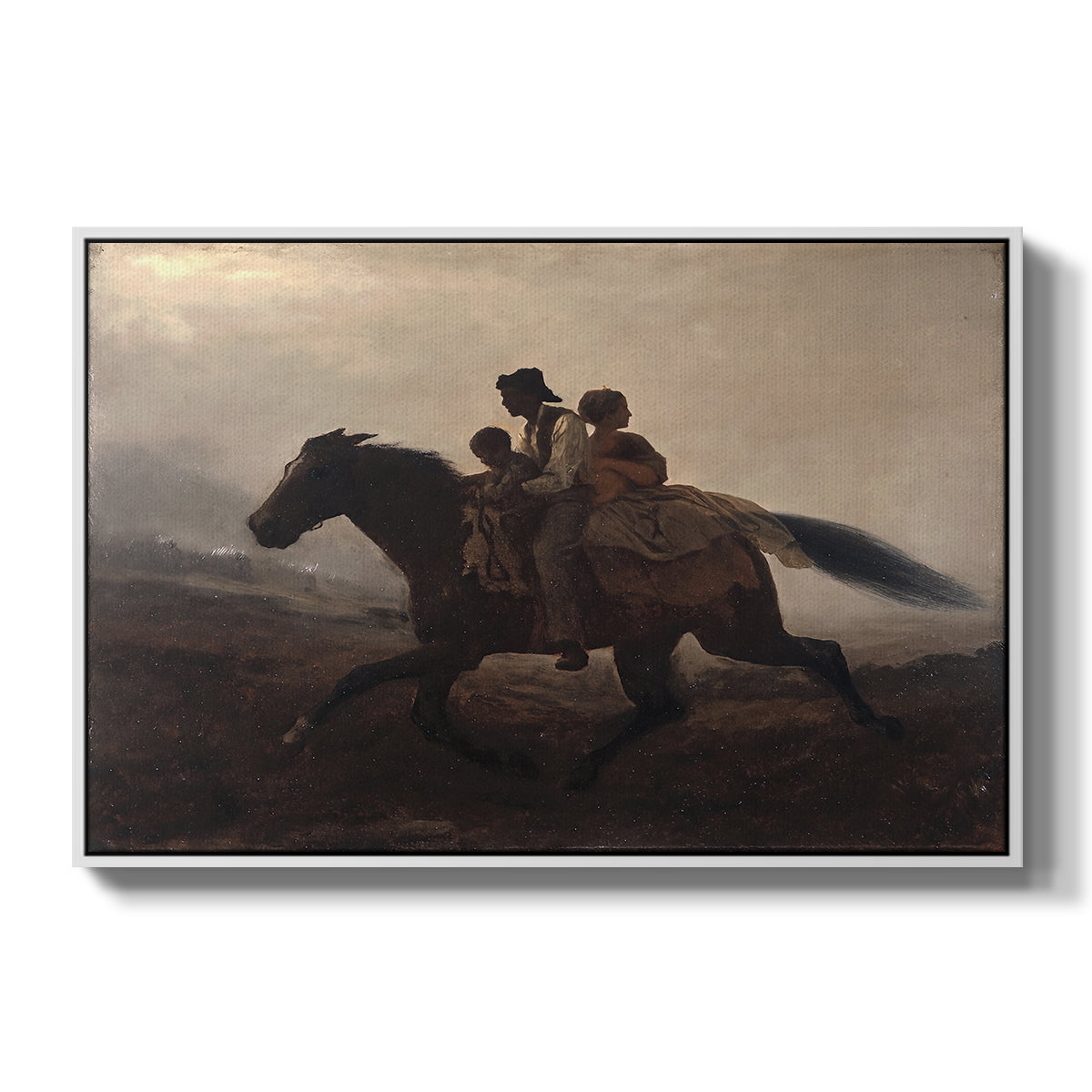 A Ride for Liberty – The Fugitive Slaves, c. 1862 by Eastman Johnson in a white floater framed canvas wall art display.