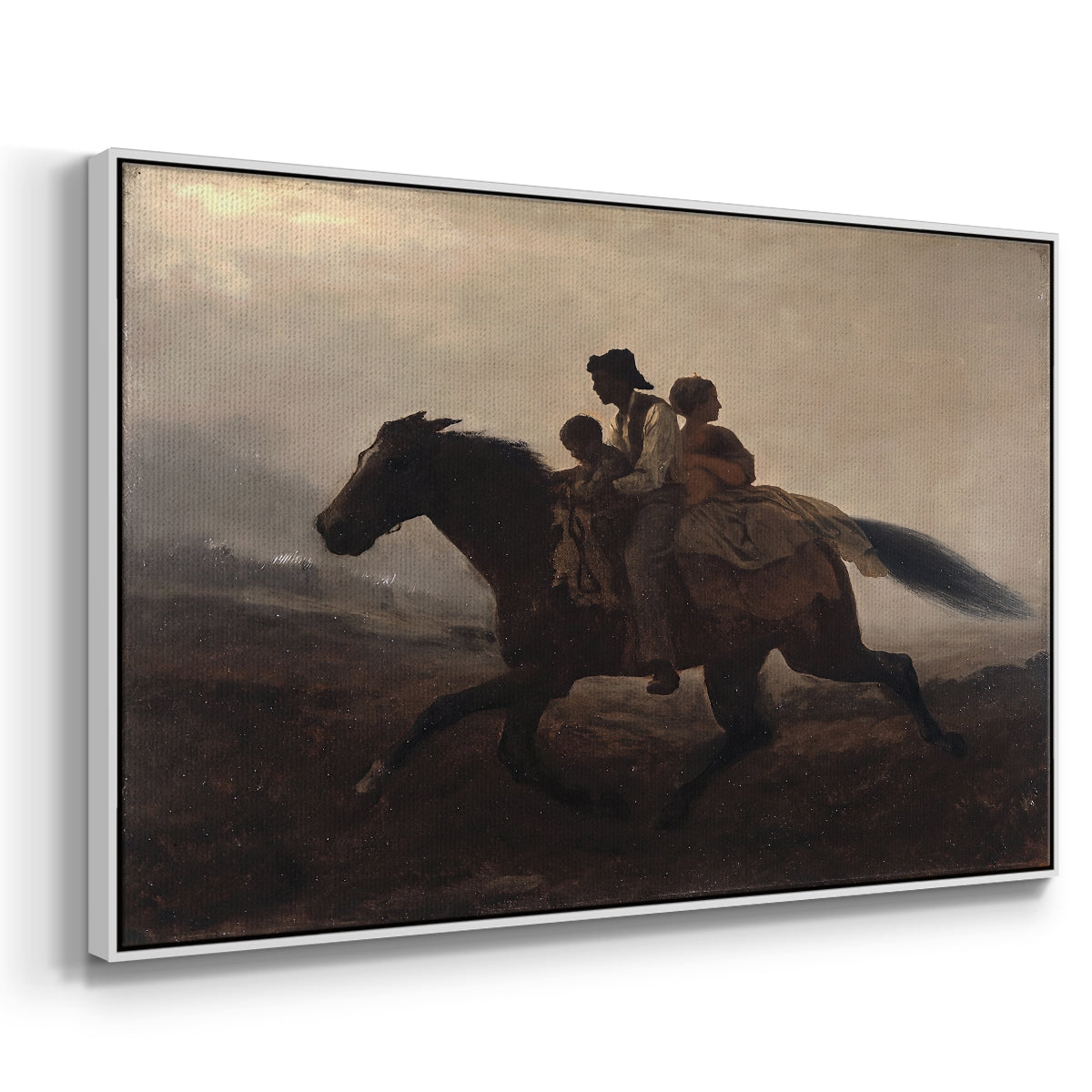 Angled view of A Ride for Liberty – The Fugitive Slaves, c. 1862 by Eastman Johnson in a white floater framed canvas.