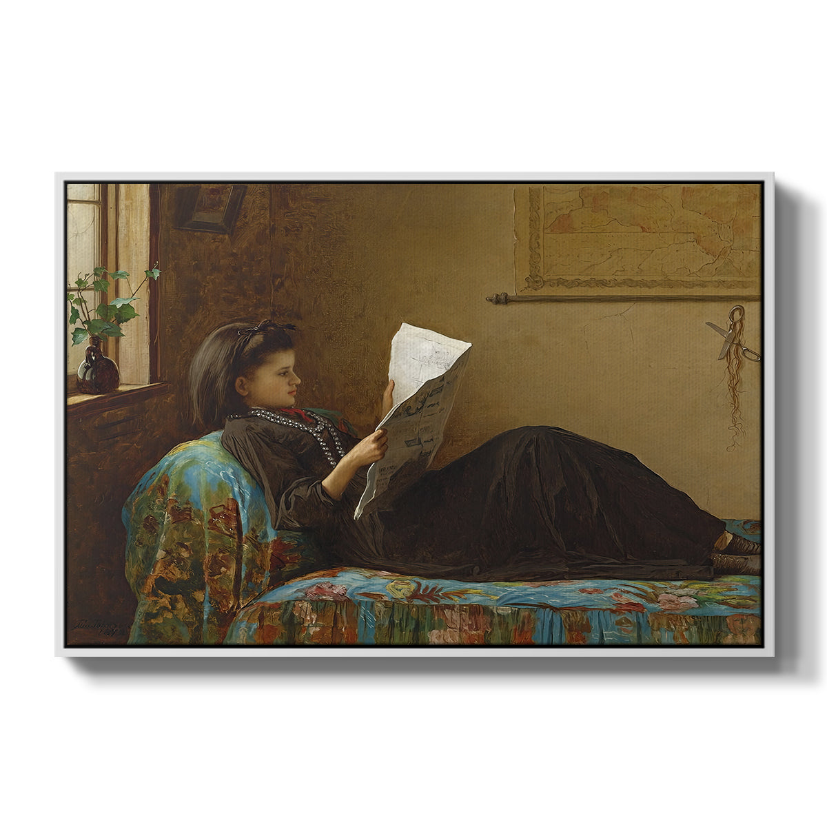 Interesting News, 1872 by Eastman Johnson in a white floater framed canvas wall art display.