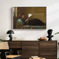 Interesting News, 1872 by Eastman Johnson displayed in a white floater framed canvas above a dark wood credenza in an entryway.