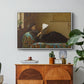 Interesting News, 1872 by Eastman Johnson in a white floater framed canvas featuring a group of people gathered indoors reading newspaper together, displayed above a wood console cabinet.