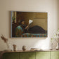 White floater framed canvas of Interesting News, 1872 by Eastman Johnson, featuring a domestic scene with figures reacting to shared news above a sideboard in a softly lit hallway.