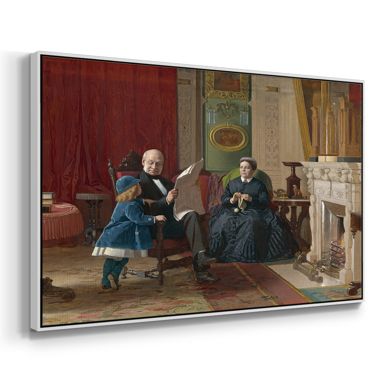 Angled view of The Brown Family, 1869 by Eastman Johnson in a white floater framed canvas.