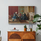 The Brown Family, 1869 by Eastman Johnson in a white floater framed canvas featuring a family seated together in interior room engaged in quiet activity, displayed above a wood console cabinet.