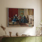 White floater framed canvas of The Brown Family, 1869 by Eastman Johnson, featuring a domestic portrait of group gathered in modest home setting above a sideboard in a softly lit hallway.