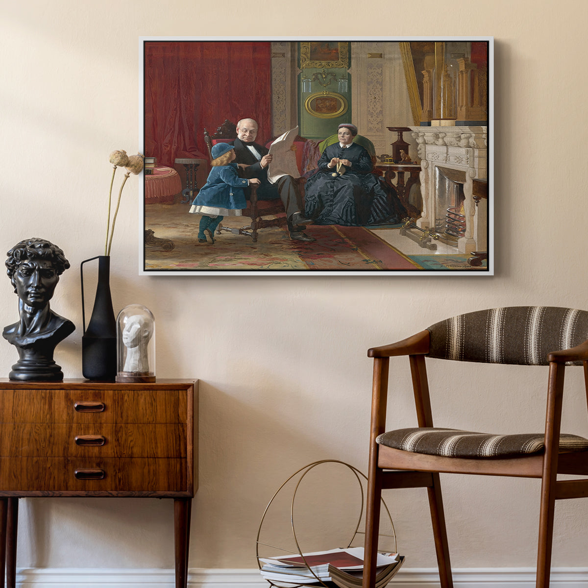 The Brown Family, 1869 by Eastman Johnson as a white floater framed canvas featuring an Americana scene with figures sitting and interacting indoors, styled above a mid-century console in a contemporary living area.