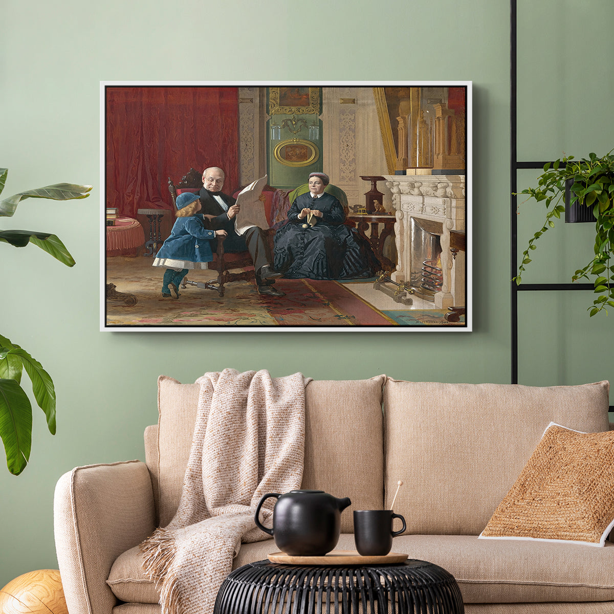 White floater framed canvas featuring a family group portrait with warm interior tones, displayed above a sofa in a modern living room.