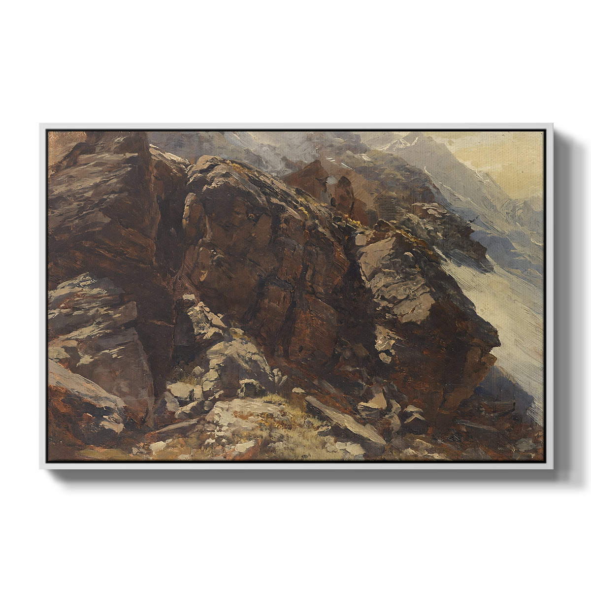 High Mountain Study, c. 1870 by Edward Theodore Compton in a white floater framed canvas wall art display.