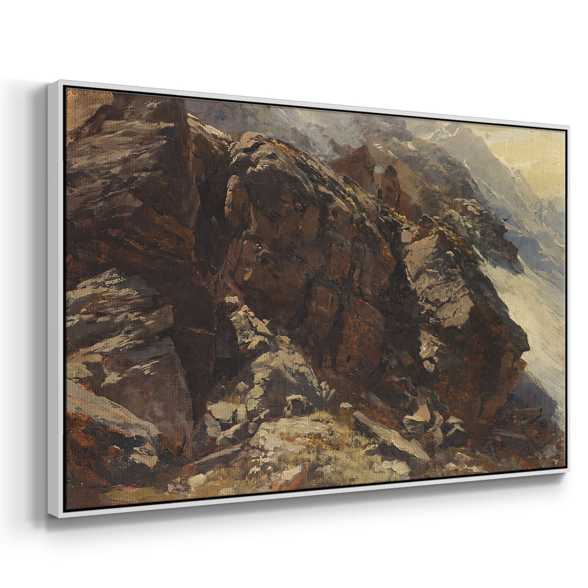 Angled view of High Mountain Study, c. 1870 by Edward Theodore Compton in a white floater framed canvas.