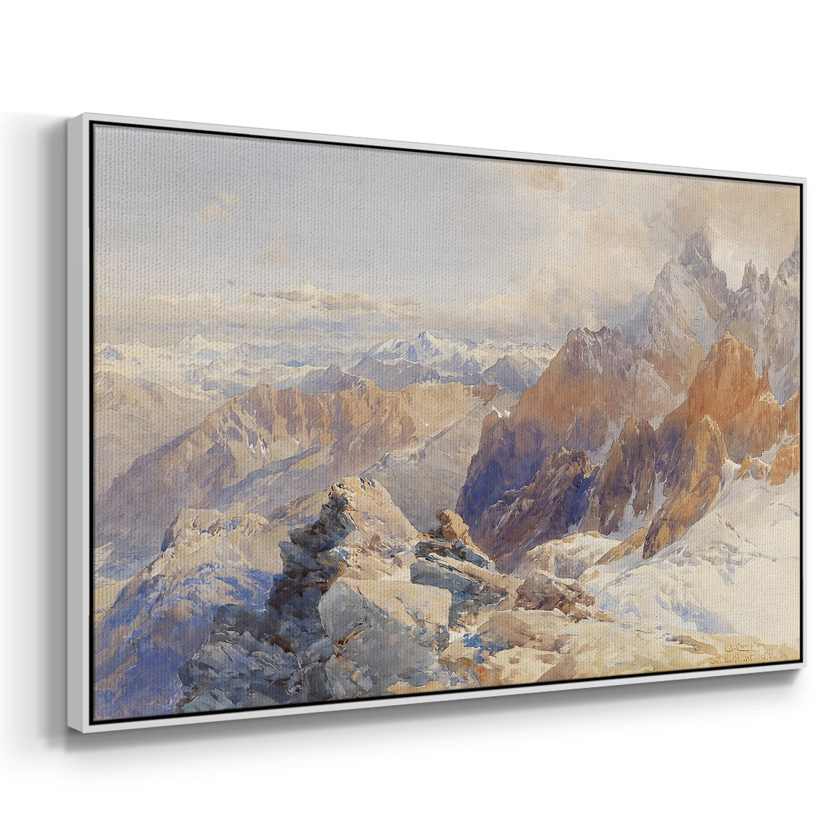 Angled view of Col du Géant, 1903 by Edward Theodore Compton in a white floater framed canvas.