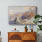 Col du Géant, 1903 by Edward Theodore Compton in a white floater framed canvas featuring a mountain pass with snow-covered peaks and expansive alpine valley, displayed above a wood console cabinet.