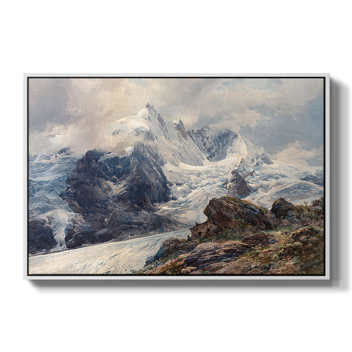 The Grossglockner, 1880 by Edward Theodore Compton in a white floater framed canvas wall art display.