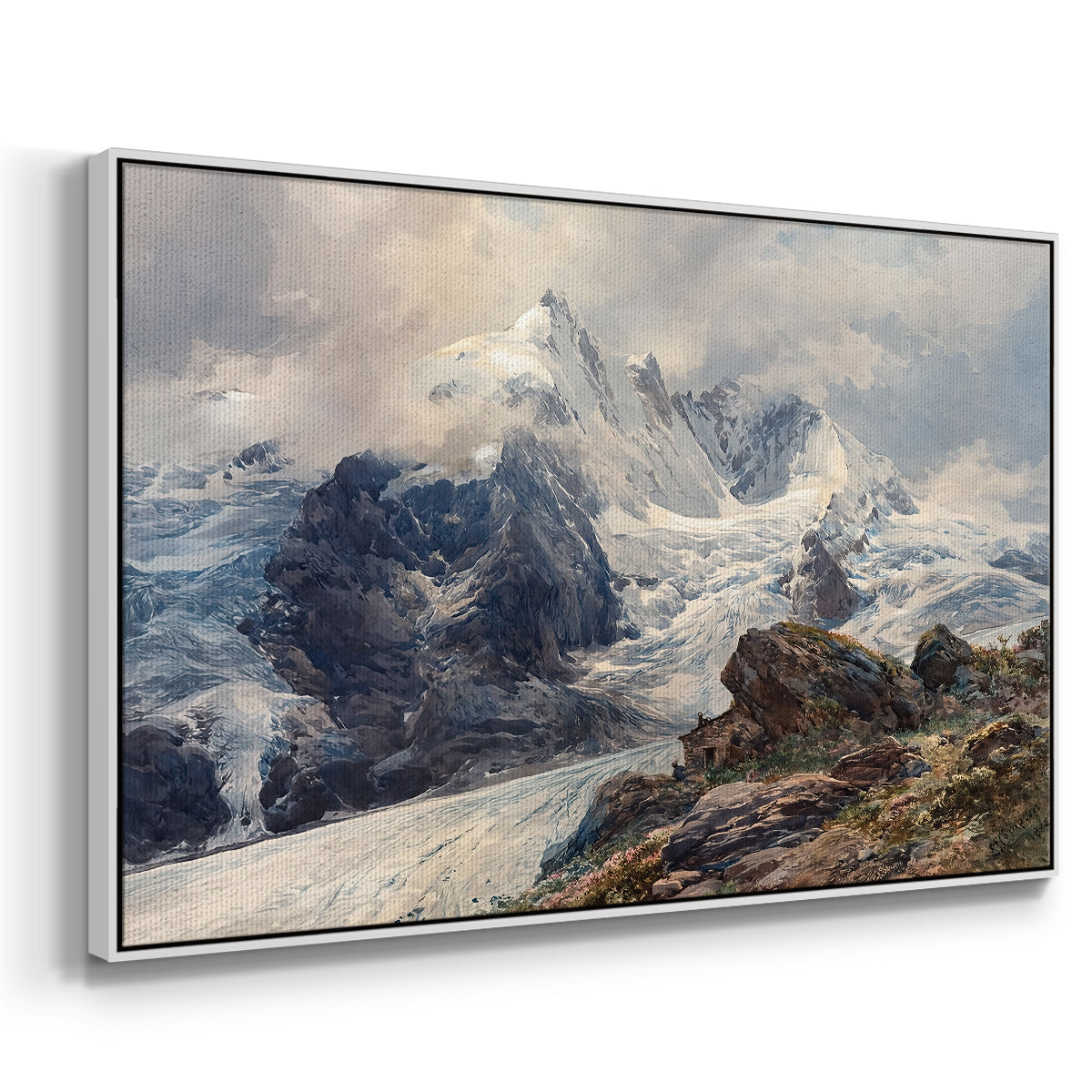 Angled view of The Grossglockner, 1880 by Edward Theodore Compton in a white floater framed canvas.