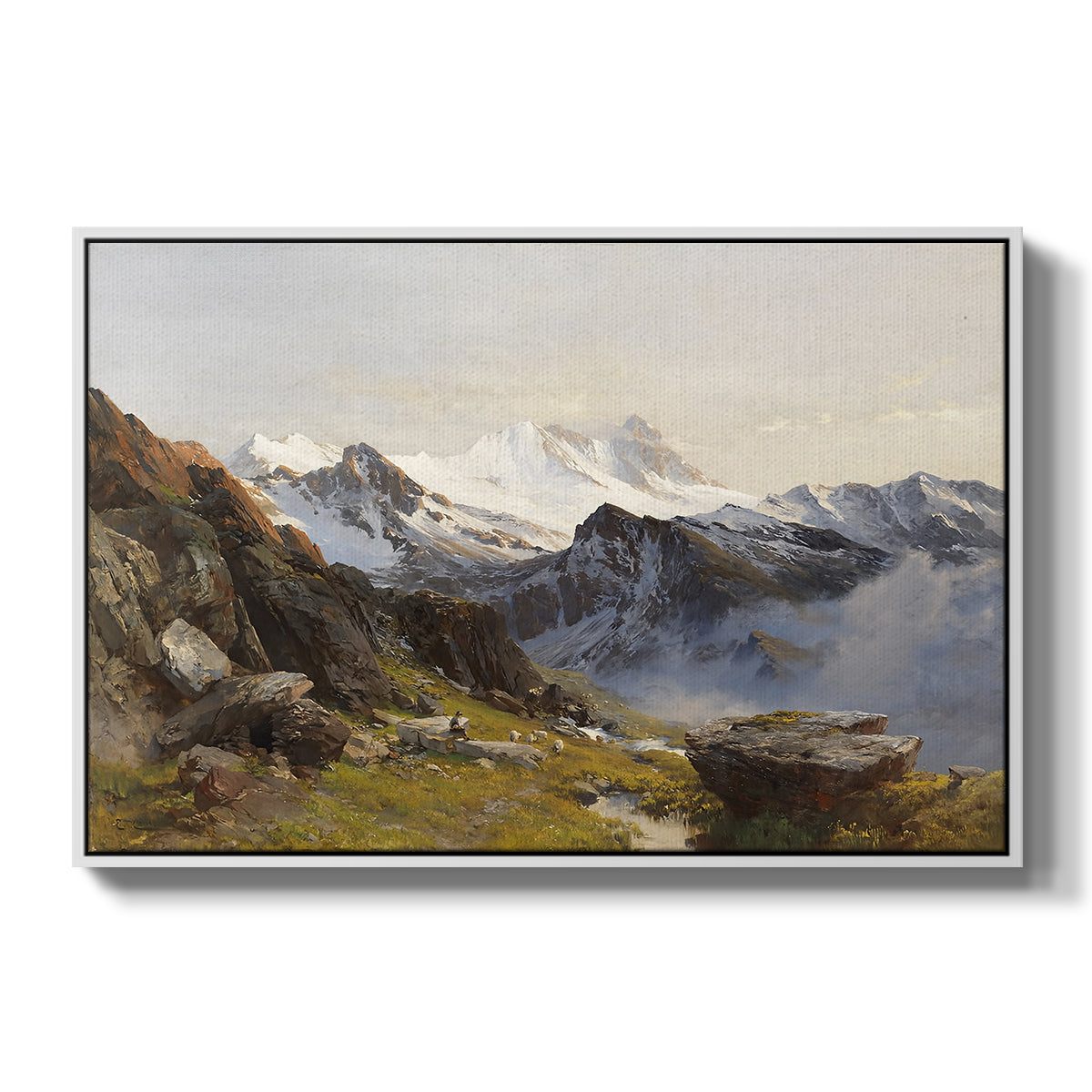 The Großglockner from the Prager Hut, 1890 by Edward Theodore Compton in a white floater framed canvas wall art display.