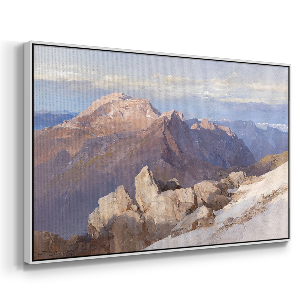 Angled view of Hoher Göll from Watzmann-Hocheck, 1919 by Edward Theodore Compton in a white floater framed canvas.