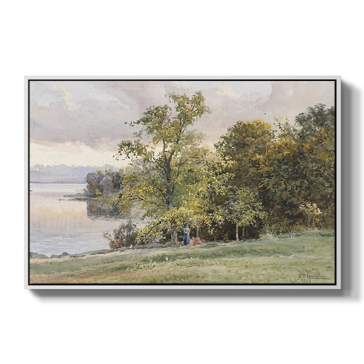 Landscape at Lake Starnberg, 1890 by Edward Theodore Compton in a white floater framed canvas wall art display.