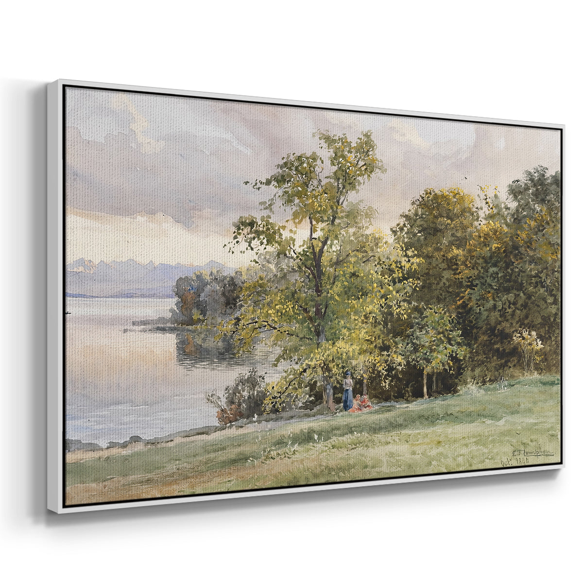 Angled view of Landscape at Lake Starnberg, 1890 by Edward Theodore Compton in a white floater framed canvas.