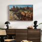 Palatine in Rome, c. 1921 by Edward Theodore Compton displayed in a white floater framed canvas above a dark wood credenza in an entryway.