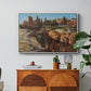 Palatine in Rome, c. 1921 by Edward Theodore Compton in a white floater framed canvas featuring historic Roman ruins and buildings set within warm landscape, displayed above a wood console cabinet.