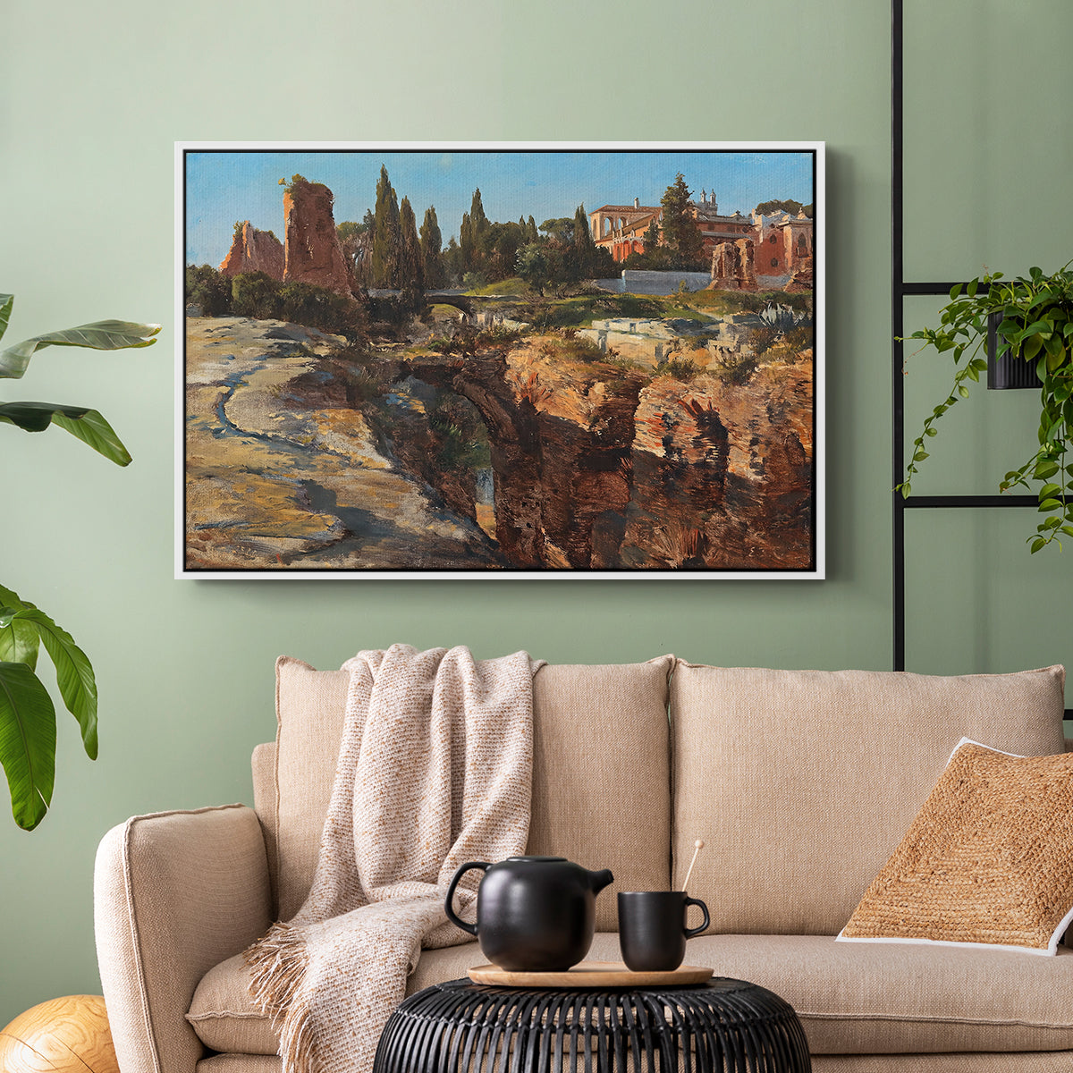 White floater framed canvas featuring a detailed depiction of historic Roman architecture, displayed above a sofa in a modern living room.