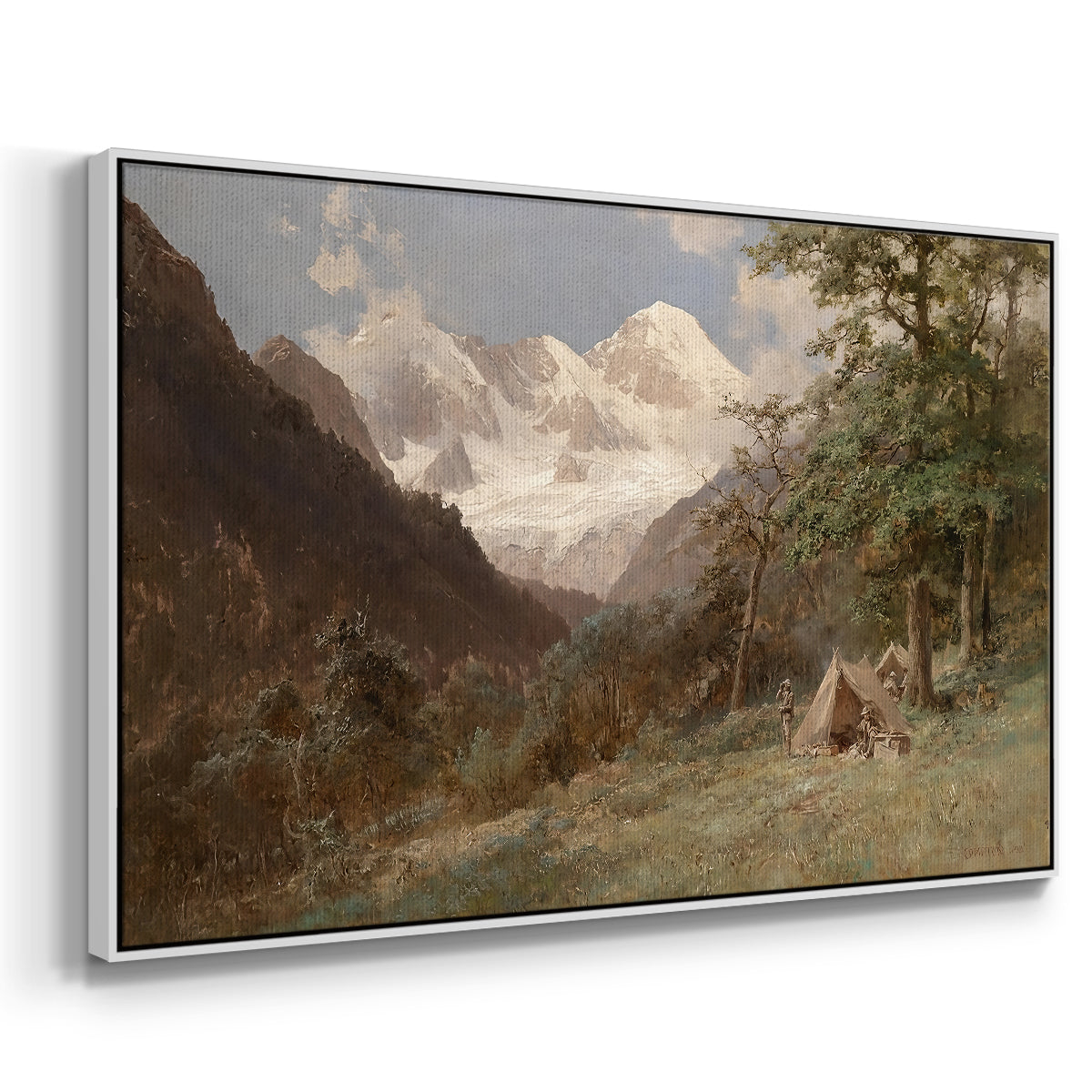 Angled view of Landscape in the Caucasus, c. 1921 by Edward Theodore Compton in a white floater framed canvas.