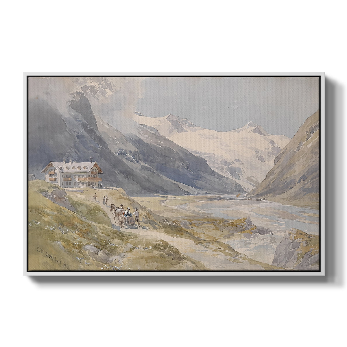 Shepherds (Pasterze), c. 1921 by Edward Theodore Compton in a white floater framed canvas wall art display.