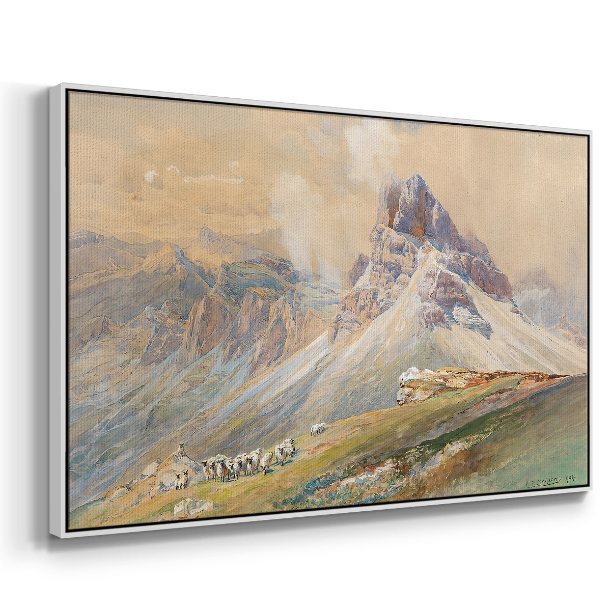 Angled view of From the Dolomites, 1904 by Edward Theodore Compton in a white floater framed canvas.