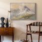 From the Dolomites, 1904 by Edward Theodore Compton as a white floater framed canvas featuring an expansive landscape featuring iconic Dolomite peaks, styled above a mid-century console in a contemporary living area.