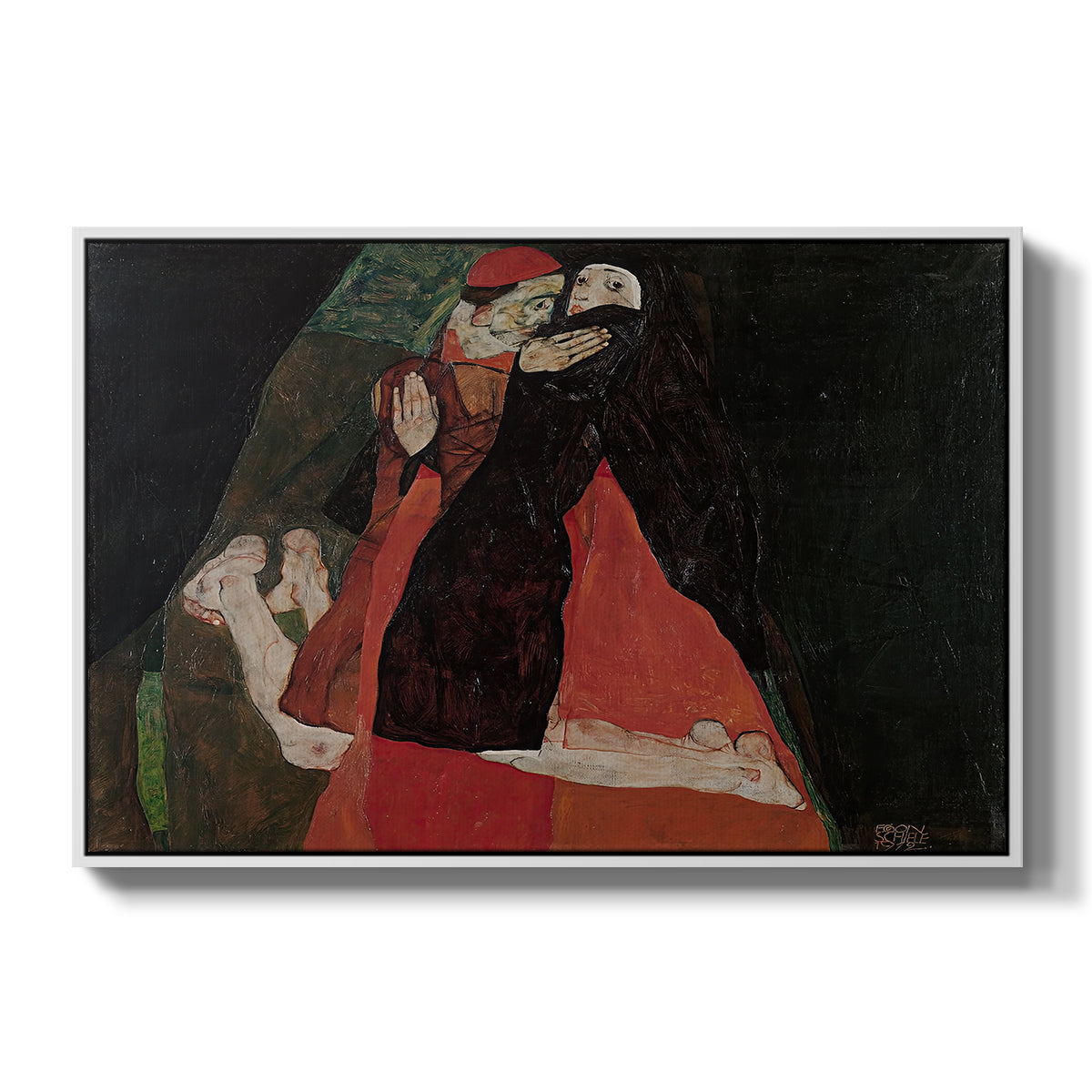 Cardinal and Nun (Caress), 1912 by Egon Schiele in a white floater framed canvas wall art display.