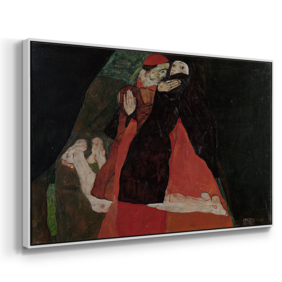 Angled view of Cardinal and Nun (Caress), 1912 by Egon Schiele in a white floater framed canvas.