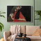 White floater framed canvas featuring an intimate scene with religious figures in modernist style, displayed above a sofa in a modern living room.