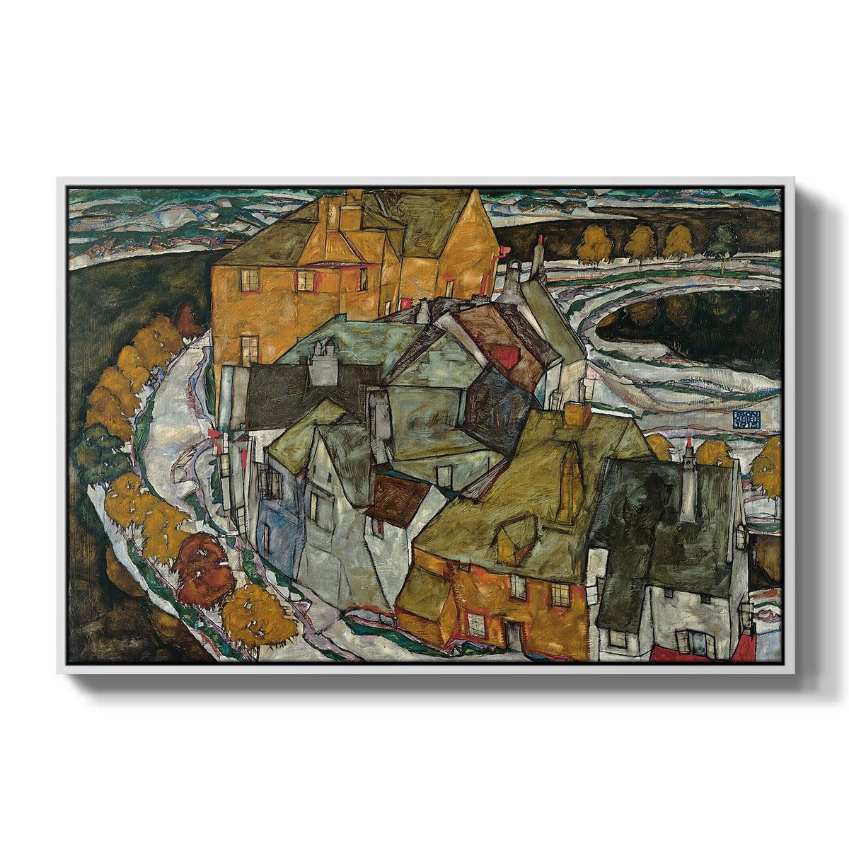 Crescent of Houses II (Island Town), 1915 by Egon Schiele in a white floater framed canvas wall art display.