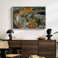 Crescent of Houses II (Island Town), 1915 by Egon Schiele displayed in a white floater framed canvas above a dark wood credenza in an entryway.