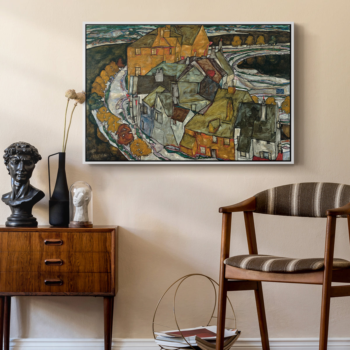 Crescent of Houses II (Island Town), 1915 by Egon Schiele as a white floater framed canvas featuring an expressionist depiction of island town with geometric forms, styled above a mid-century console in a contemporary living area.